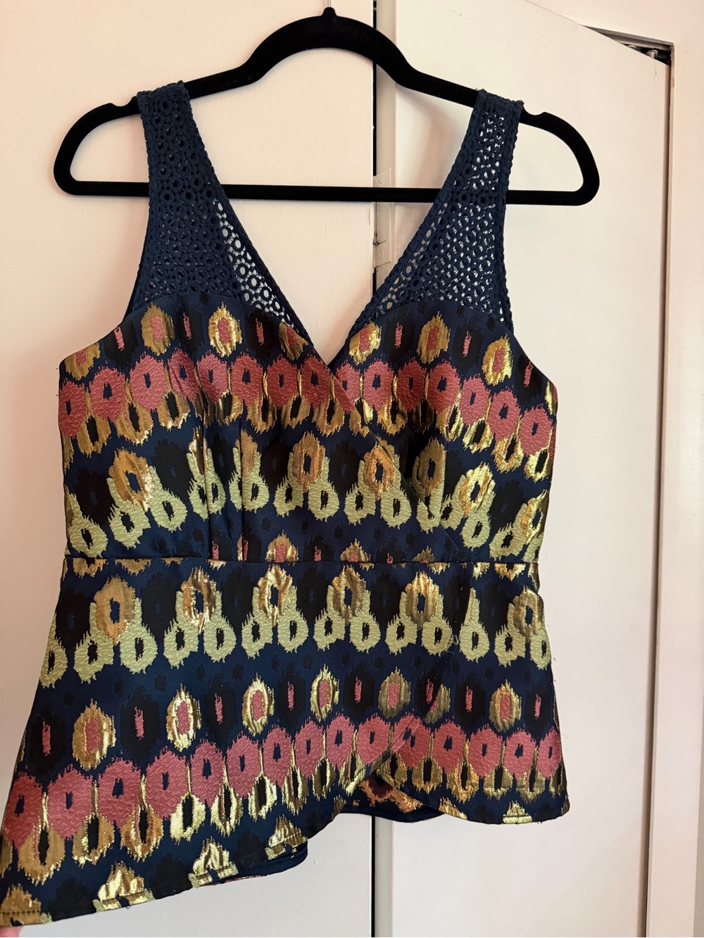 HD in Paris/Anthropologie Navy Crocheted Strap Metallic Ikat Peplum Camisole